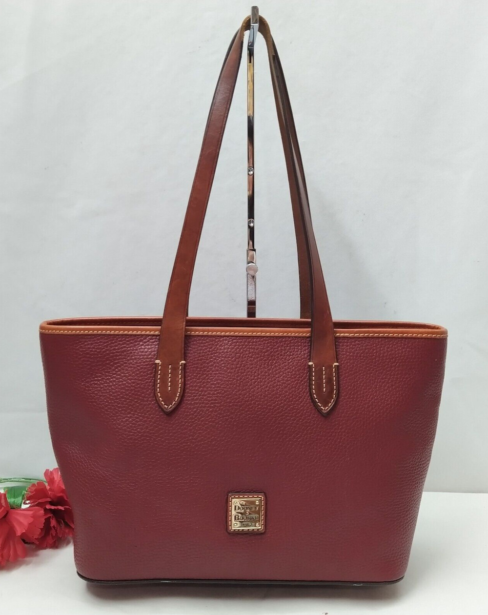 Dooney & Bourke Red Pebbled Leather Double Handles Zipper Tote Bag